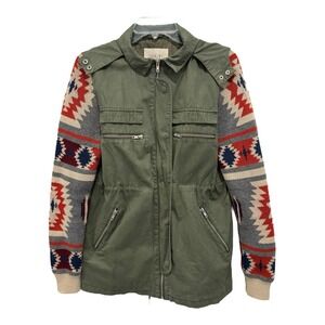 Thread Supply Jacket Womens Large Green‎ Aztec Sleeves Utility Hooded Full Zip